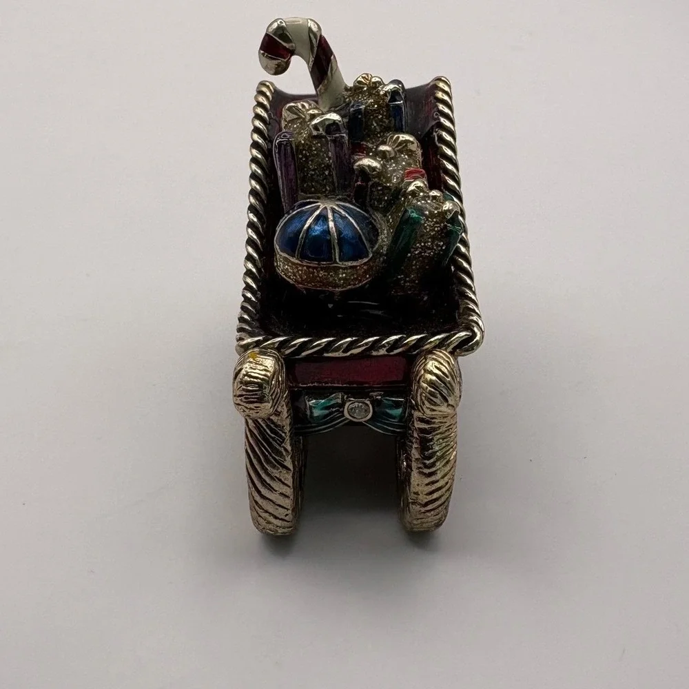 Monet Enameled Christmas Sleigh Trinket Box Red Gold Tone Crystal Accents